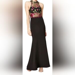 Sequin Hearts Embroidered Mesh Crepe Gown - Black with Pink Floral Bodice